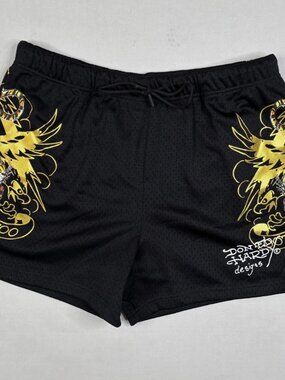 Ed Hardy Shorts Men L Black Crawling Tiger Mesh Lined Drawstring Tattoo Y2K